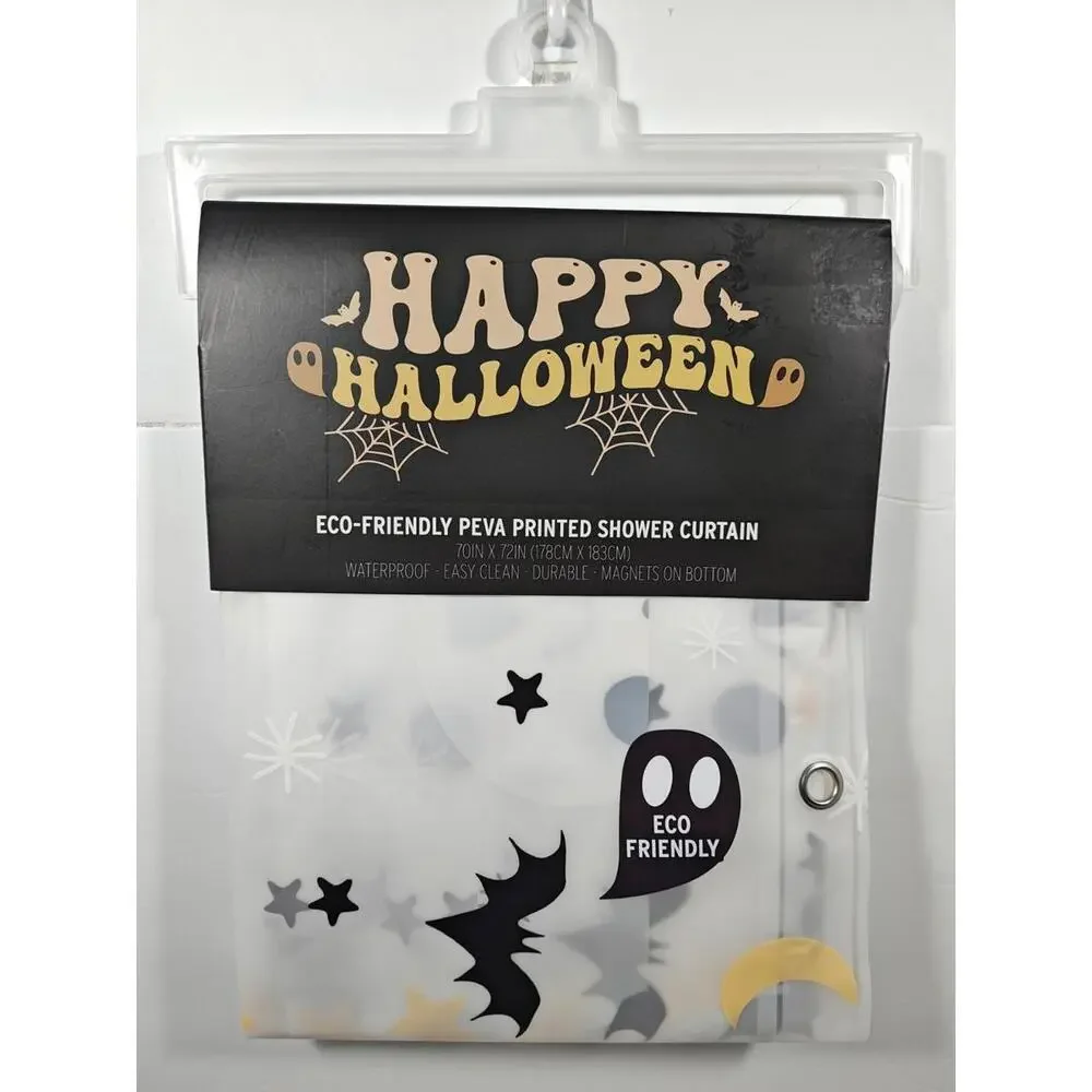 Happy Halloween Shower Curtain Eco Peva 70”x 72” Bats Skulls Stars Moon NWT